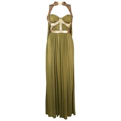 Alexander McQueen olive green evening dress with metal scale harness, SS 2007 8