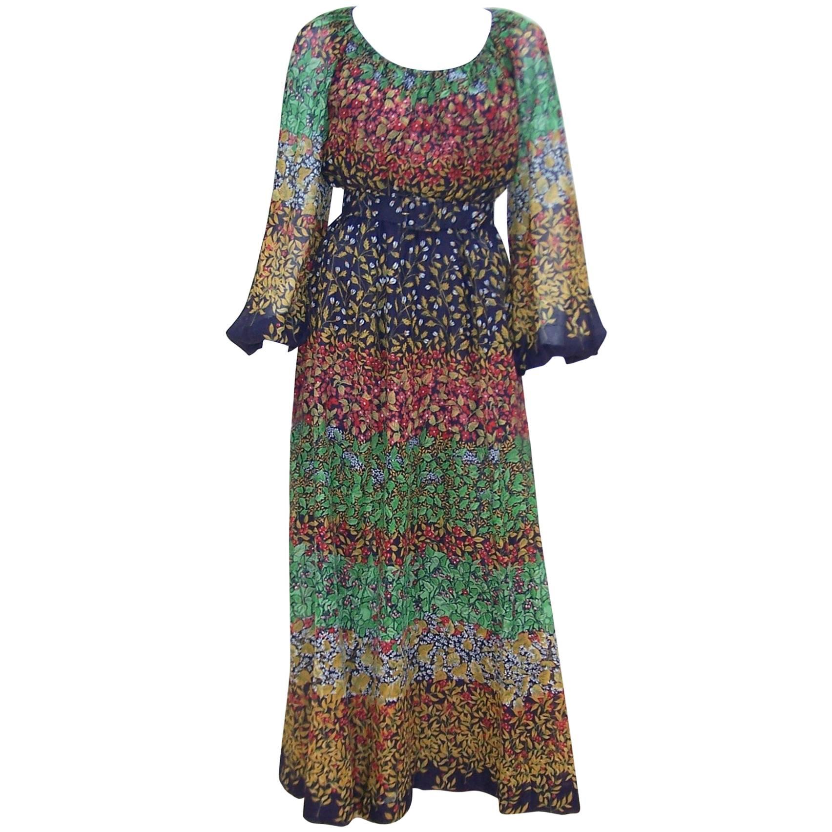 1970s Miss Elliette Dark Floral Maxi Peasant Dress at 1stDibs