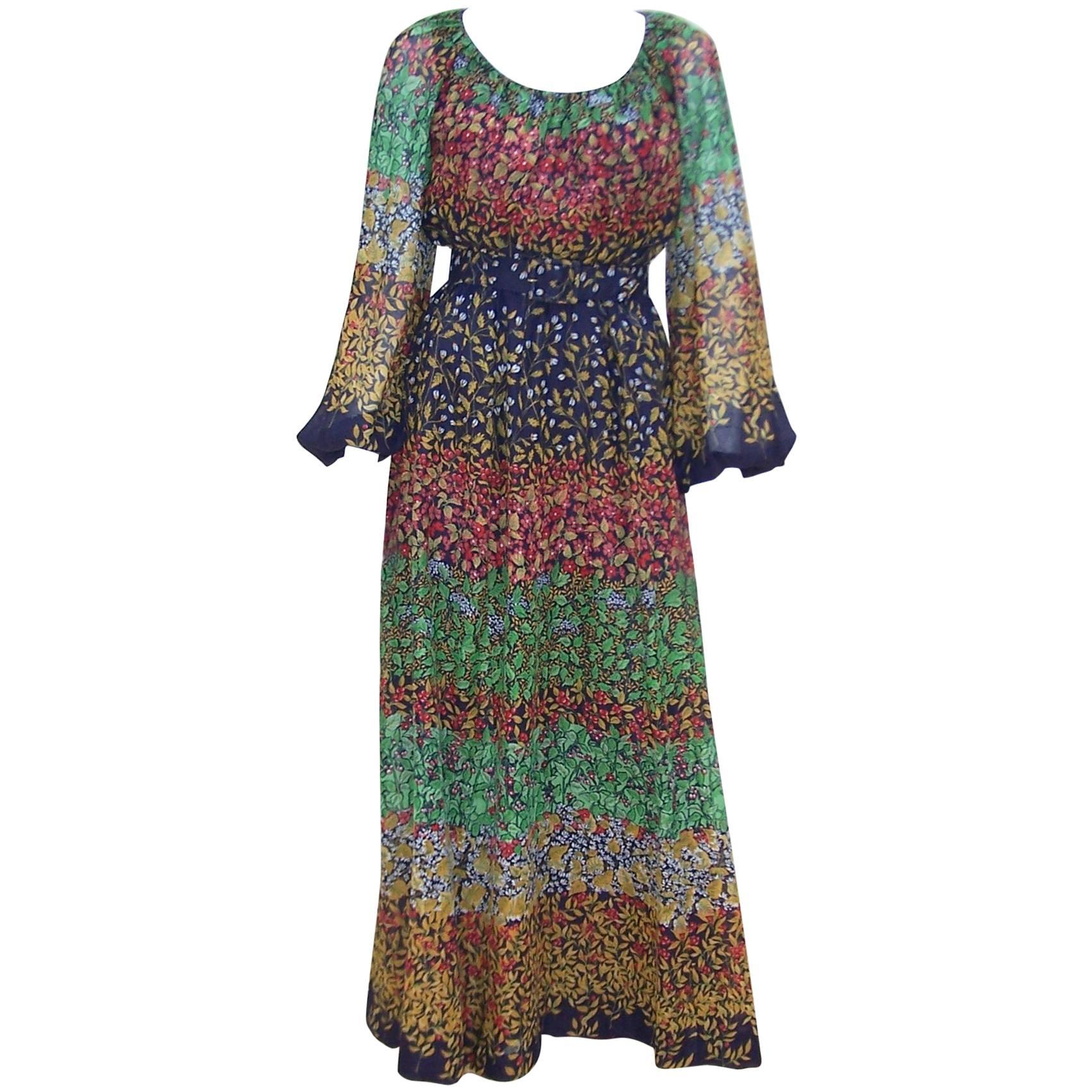 1970s Miss Elliette Dark Floral Maxi Peasant Dress