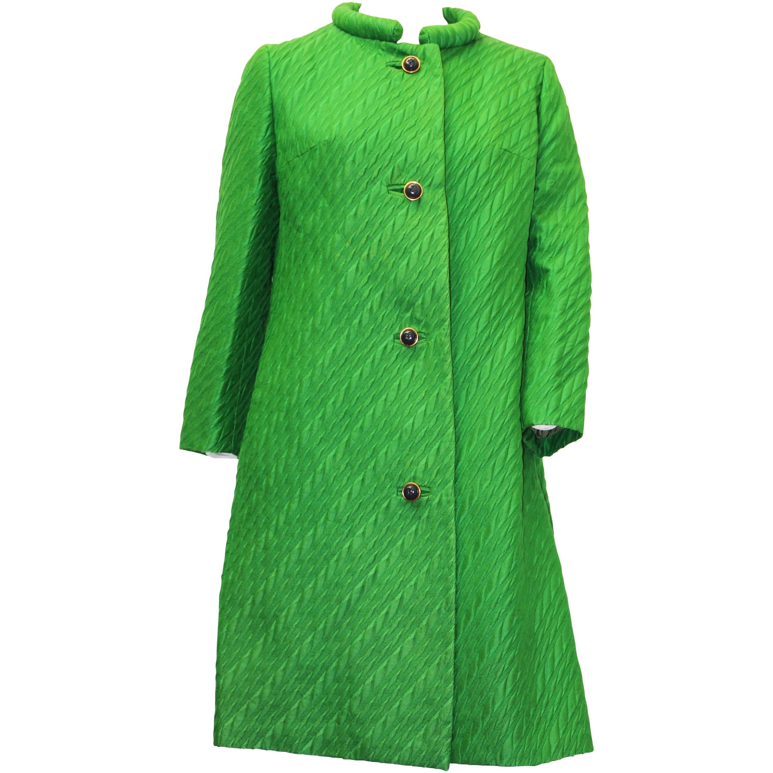 60s Irene Sargent Brocade Green Coat  For Sale