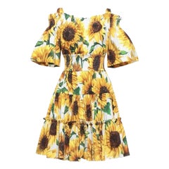Dolce & Gabbana Yellow Cotton Sunflower Floral Mid-length Dress Flowers Poplin
