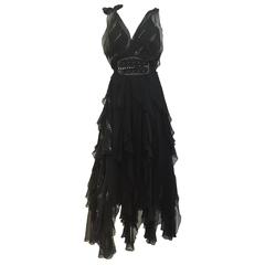 1970s Jean Varon black chiffon v neck dress