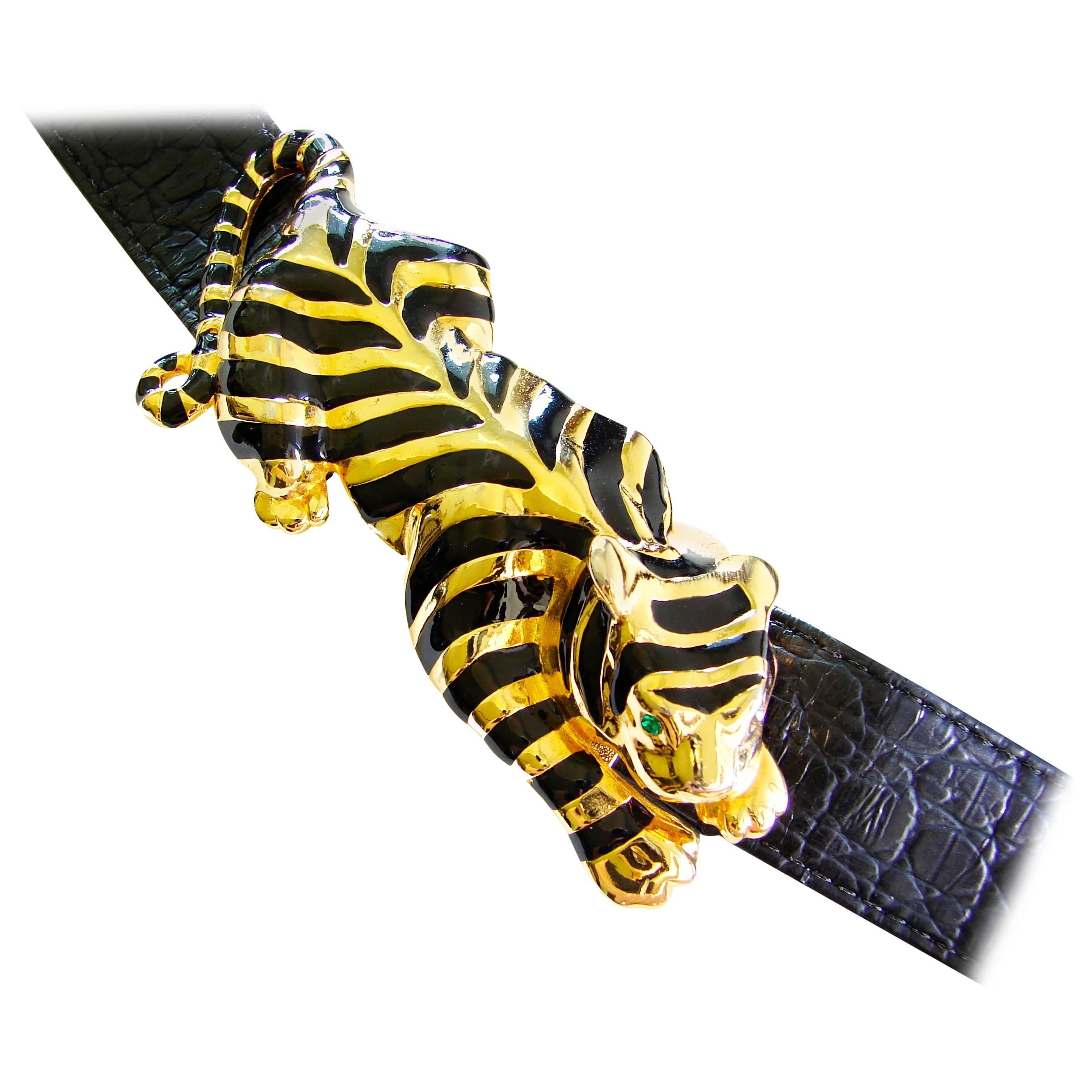 Gold Striped Tiger Belt Buckle Large 5 inches + Strap Hattie Carnegie Attr. 70s