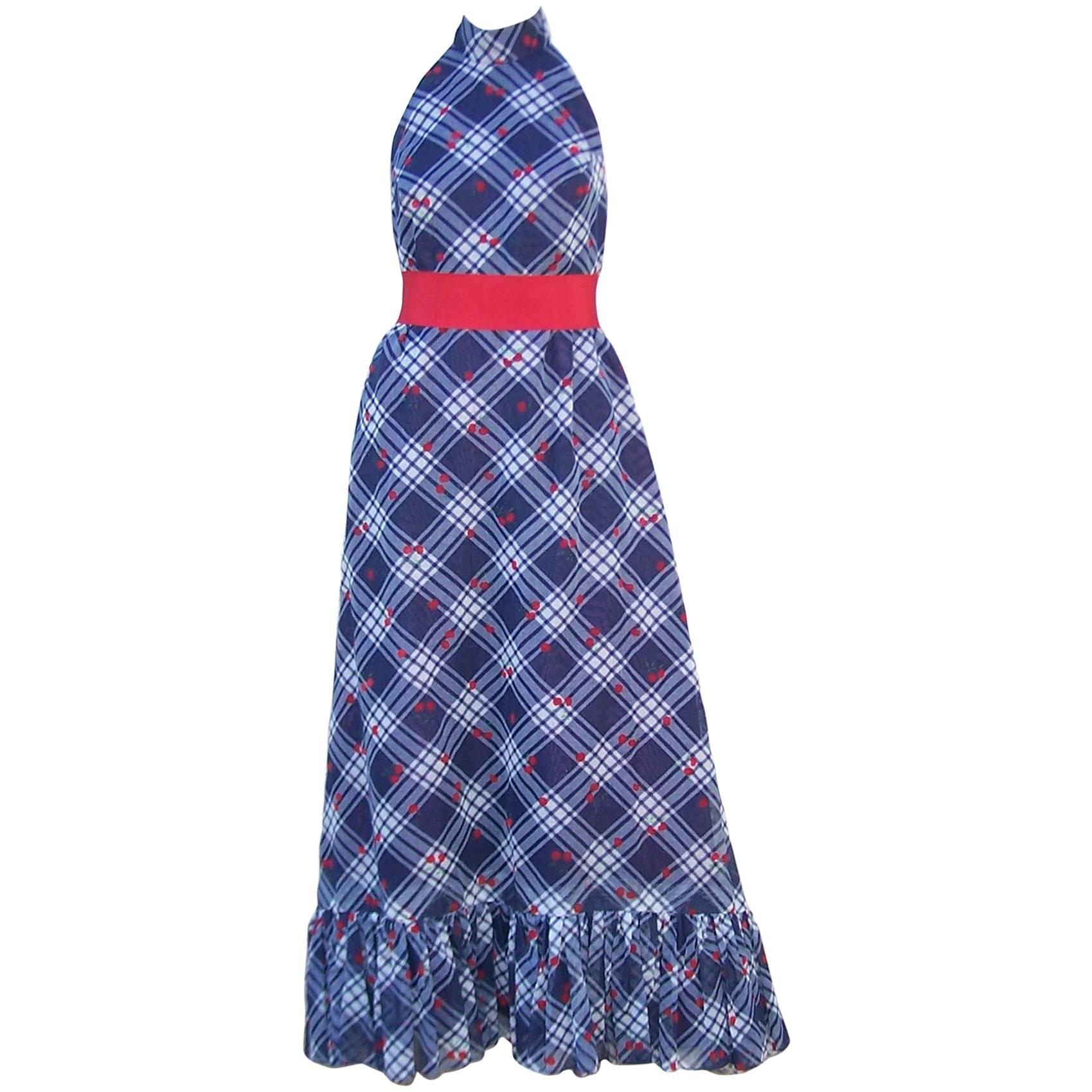 1970s Gingham Print Lace Front Halter Maxi Dress
