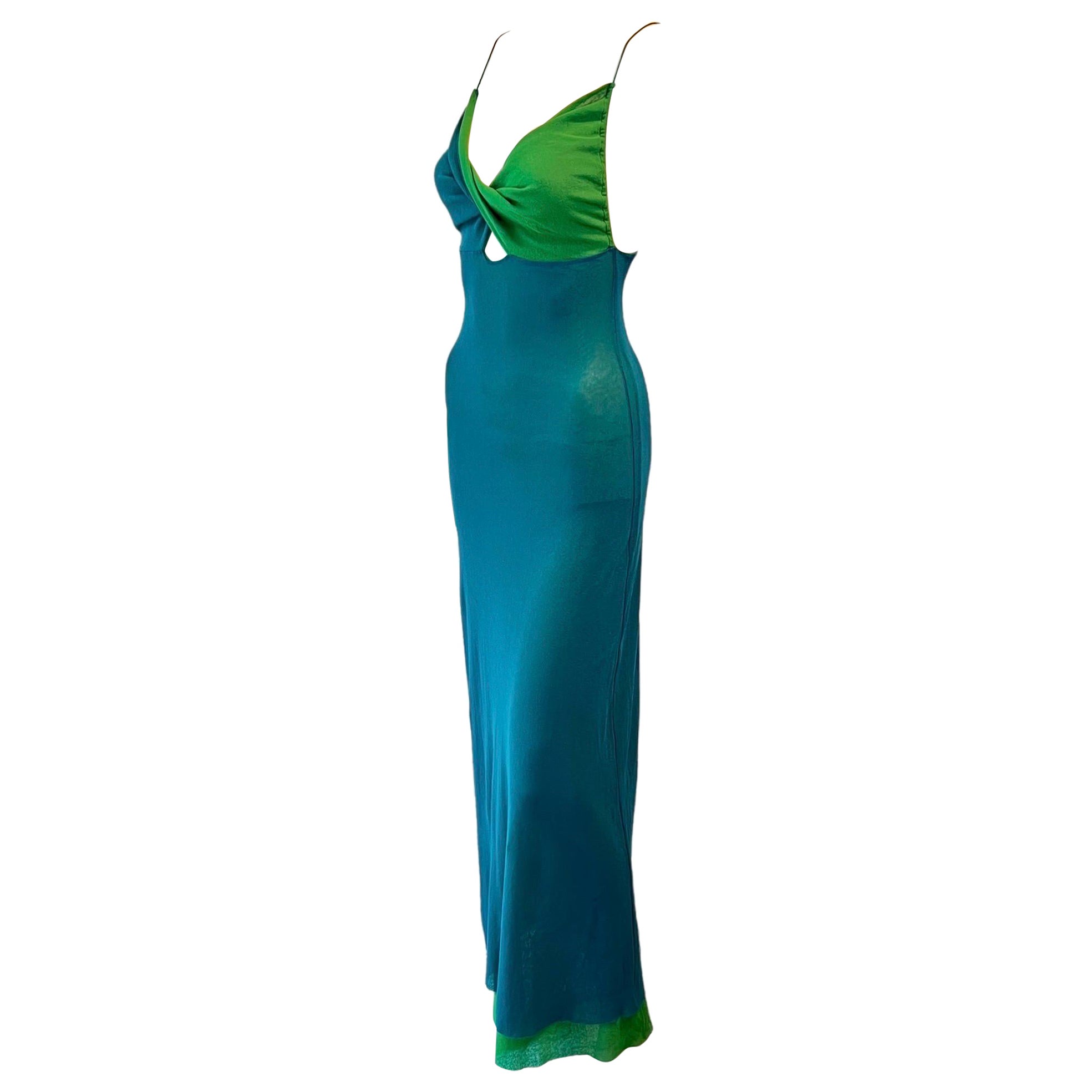 Jean Paul Gaultier - Robe longue en maille moulante semi-transparente à découpes soleil et blocs de couleurs en vente