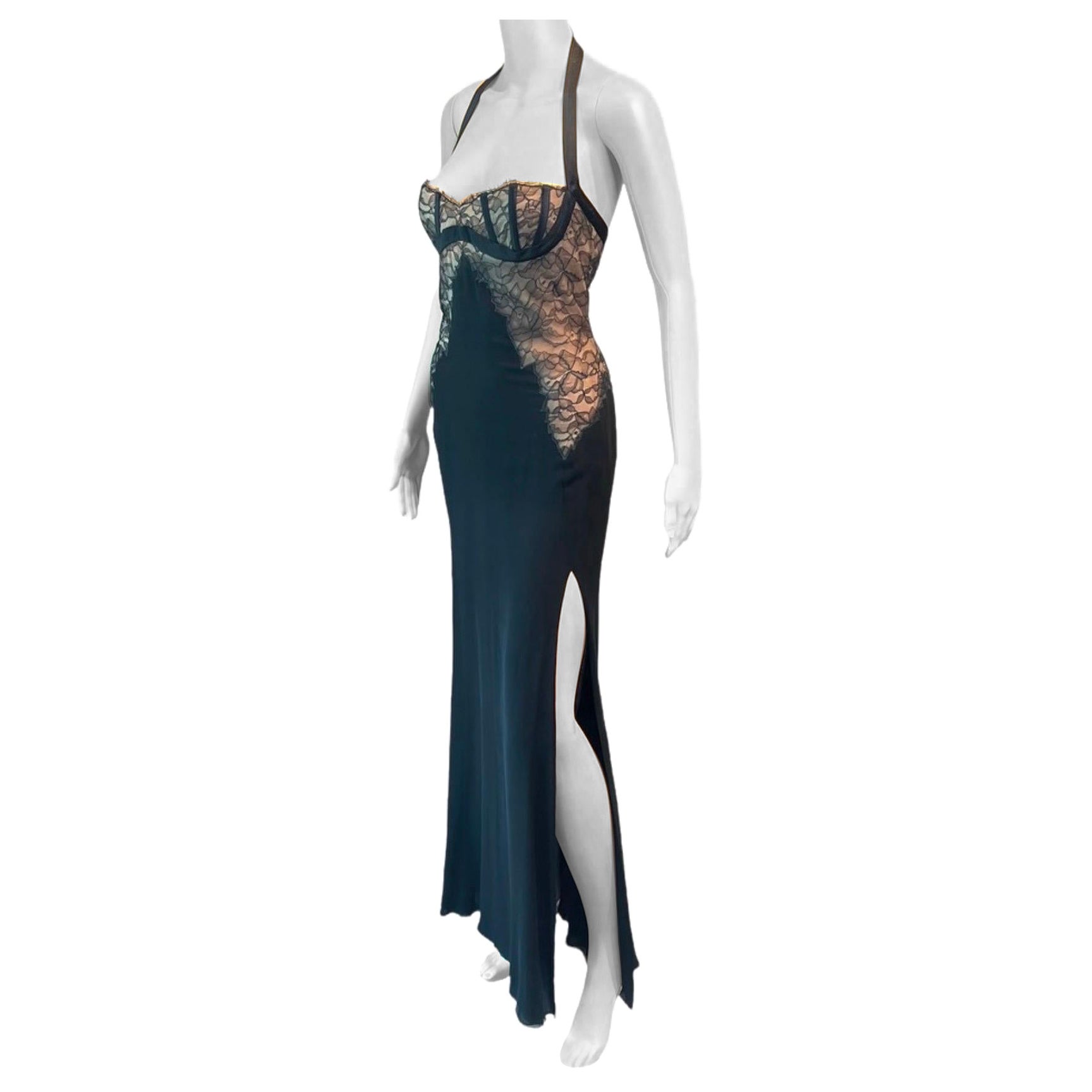 Gianni Versace S/S 1992 Bustier Lace Bra Sheer Panels Slit Evening Dress Gown For Sale