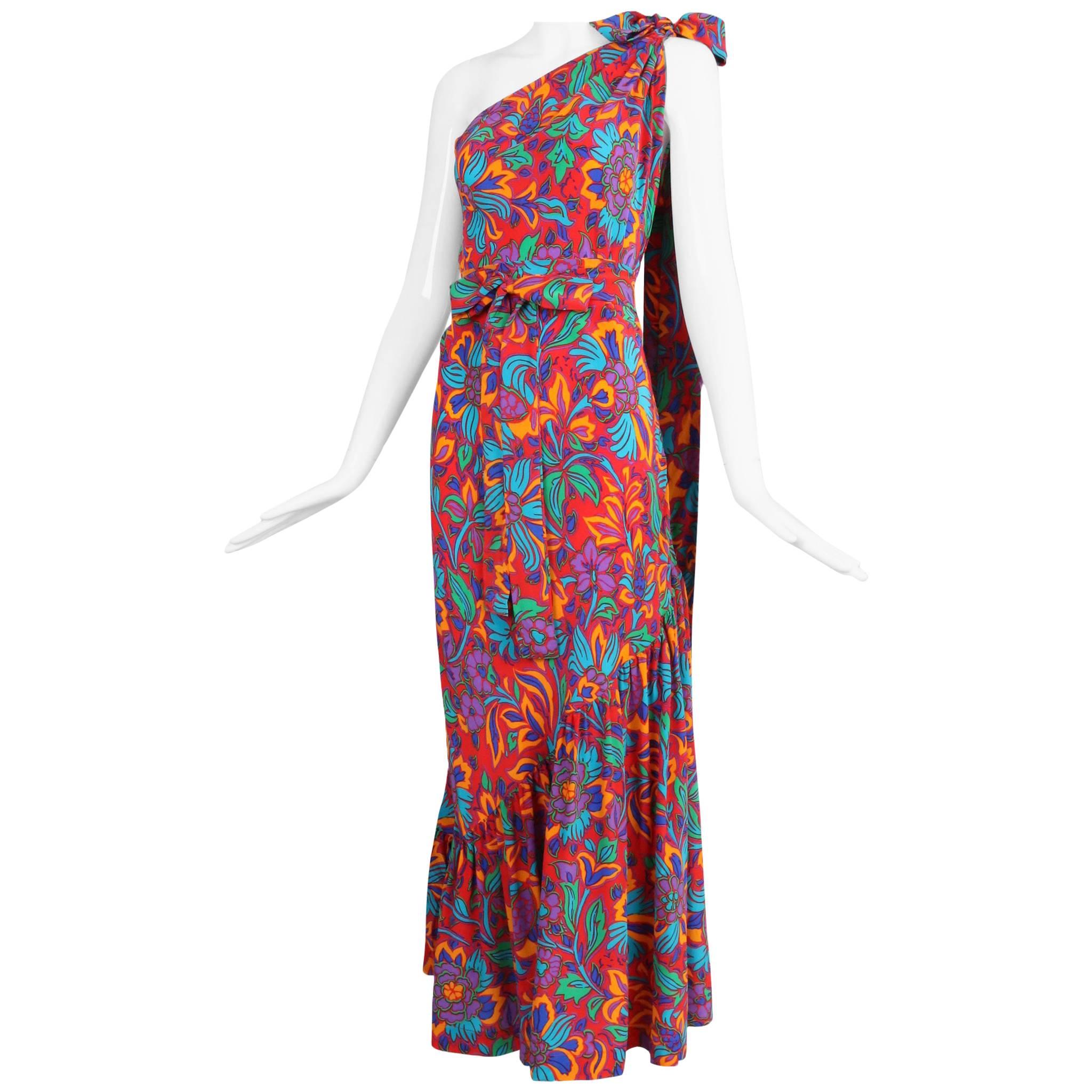 Yves Saint Laurent Silk Bias Cut Floral Print Asymmetric Gown 