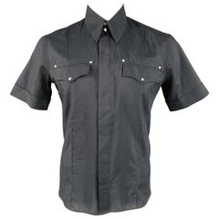Vintage VERSACE JEANS COUTURE L Black Hidden Placket Pockets Short Sleeve Shirt