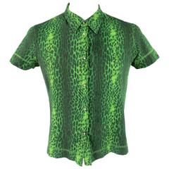 Vintage JUST CAVALLI Men's Size XL Green Leaoprd Short Sleeve Snap Shirt