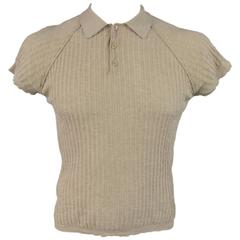 PRADA Men's Size M Beige Rib Textured Cotton Raglan Sleeve POLO