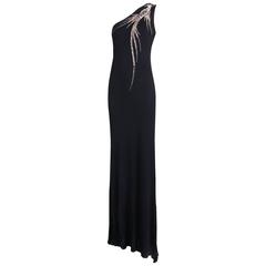1970's Bob Mackie Schwarz Seide Single Shoulder Abendkleid mit Perlen Feuervogel