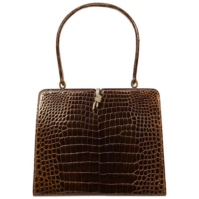 1960's LOEWE brown crocodile leather top handle bag with gilt hardware ...