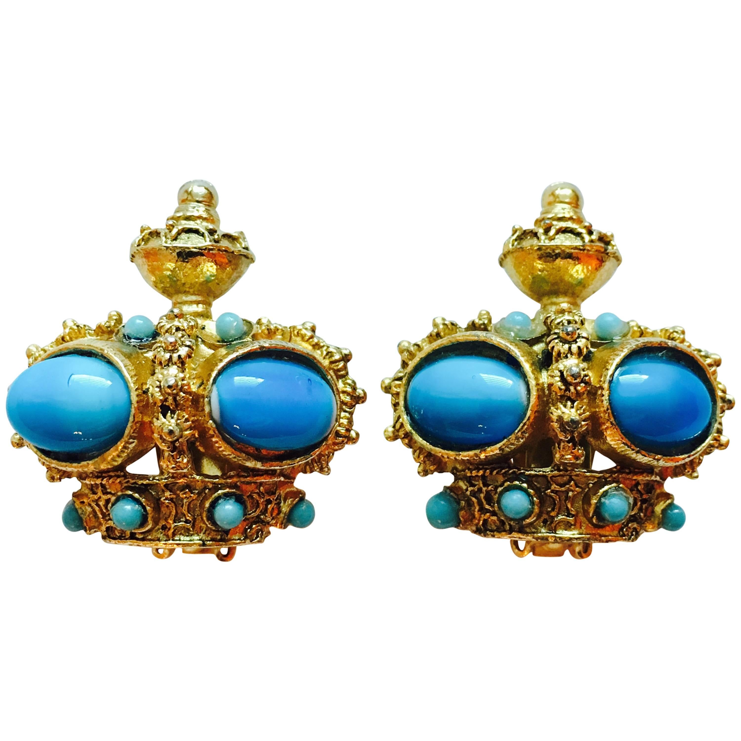 Crown Earrings with Turquoise Colored Stones 1950s Hobé  For Sale