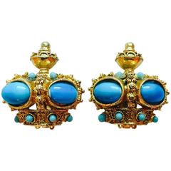 Crown Earrings with Turquoise Colored Stones 1950s Hobé 