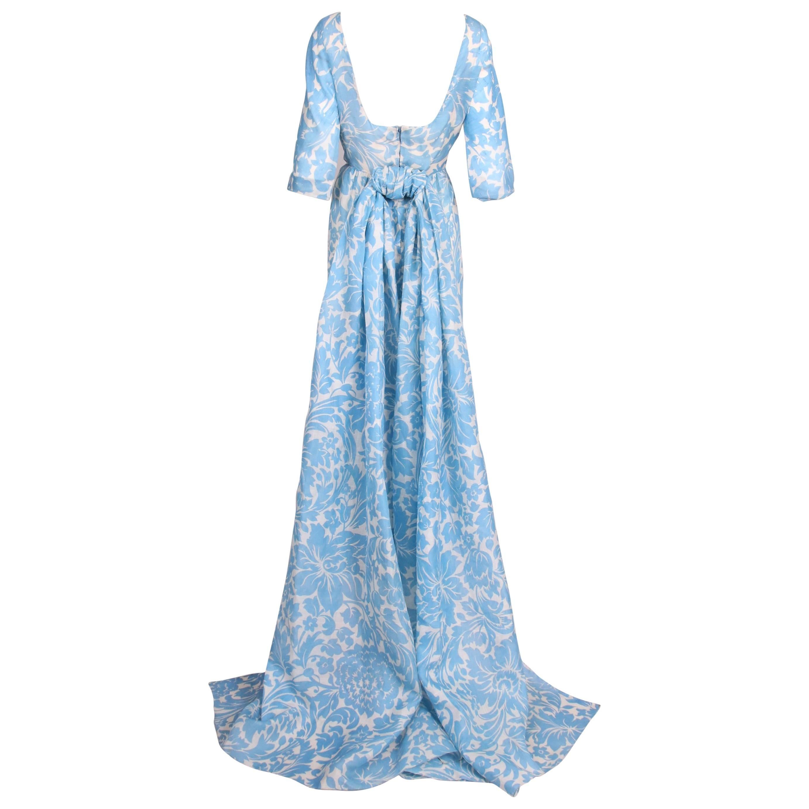 Pauline Trigere Blue & White Floral Linen Evening Gown w/Long Train