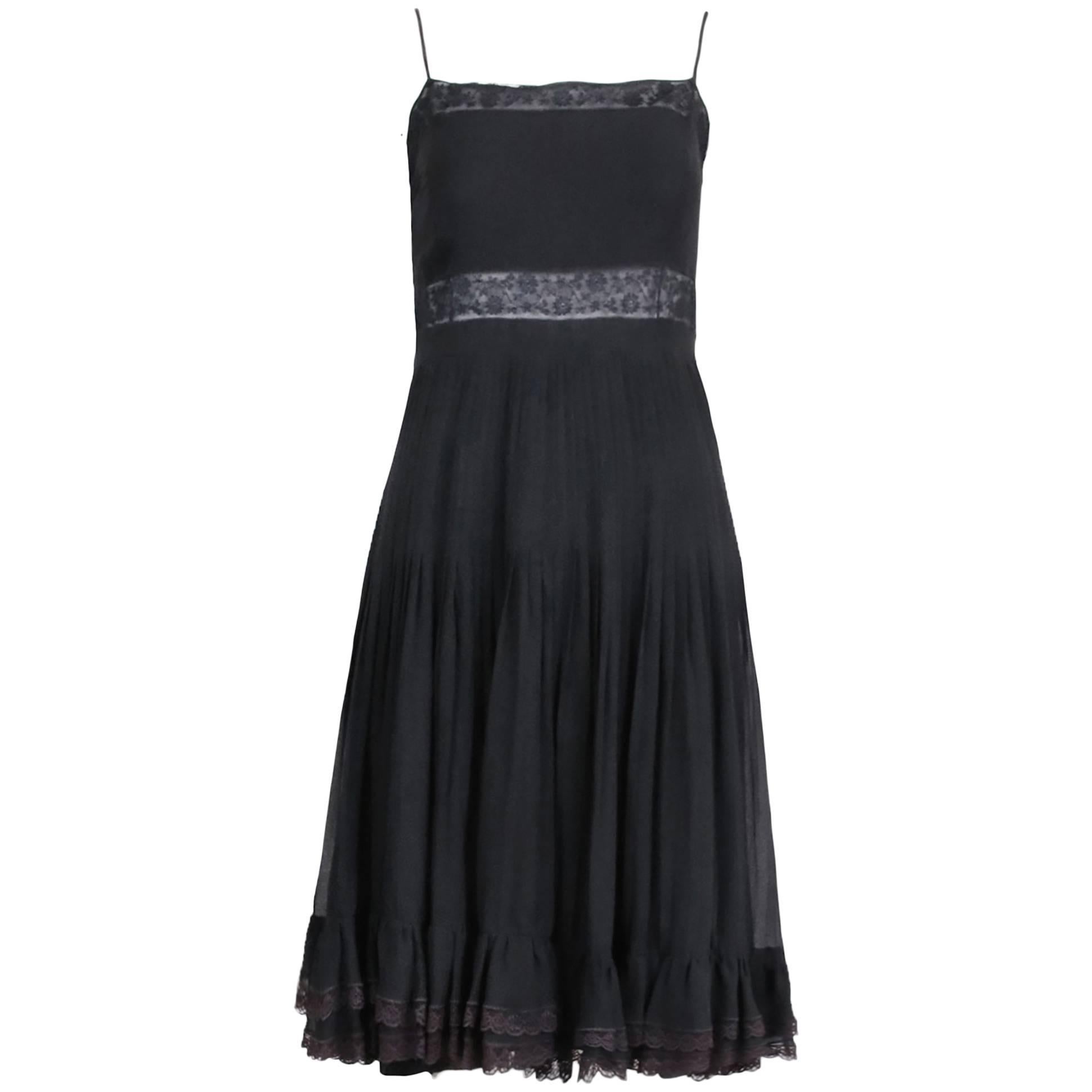1970's Valentino Black Silk & Lace Pleated Baby Doll Dress