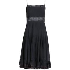 Vintage 1970's Valentino Black Silk & Lace Pleated Baby Doll Dress