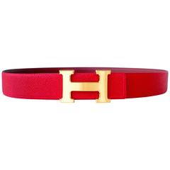 Used Hermes Rouge Casaque Gold Buckle Rouge H Red 85cm H Constance Belt Kit 