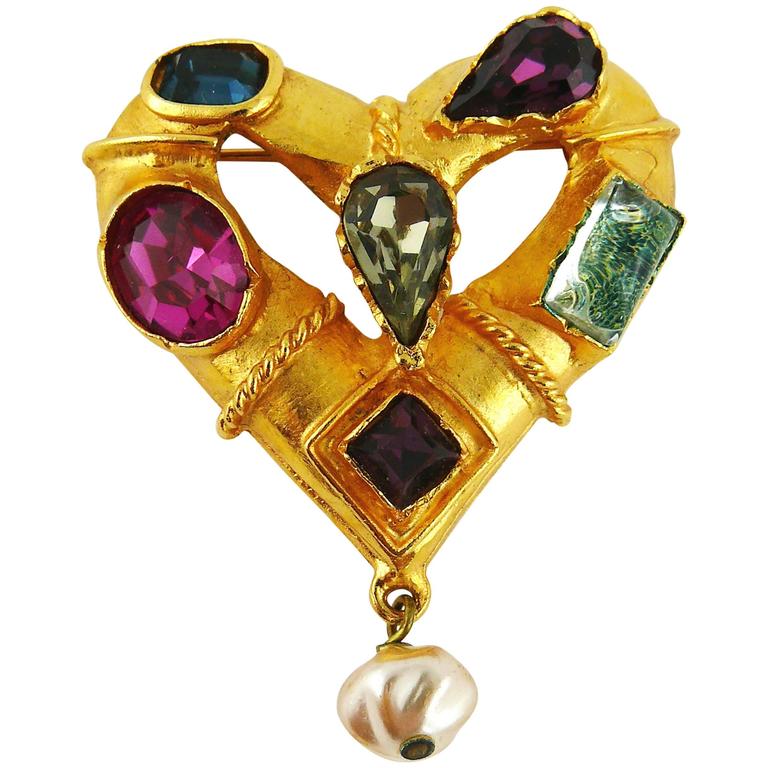Christian Lacroix Vintage Jewelled Heart Brooch For Sale at 1stdibs