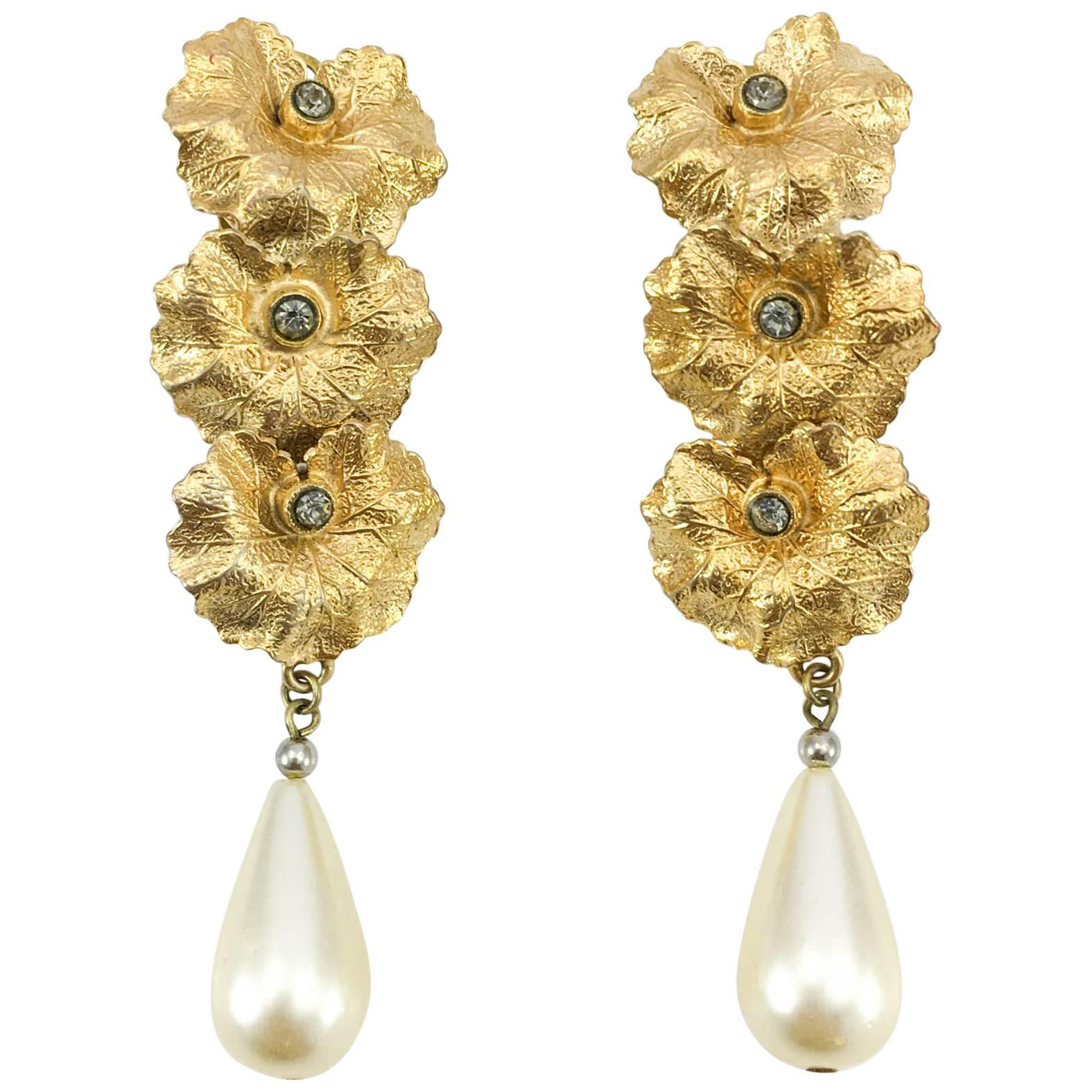 Henry Perichon Leaves and Pearl Drop Earrings - 1950s