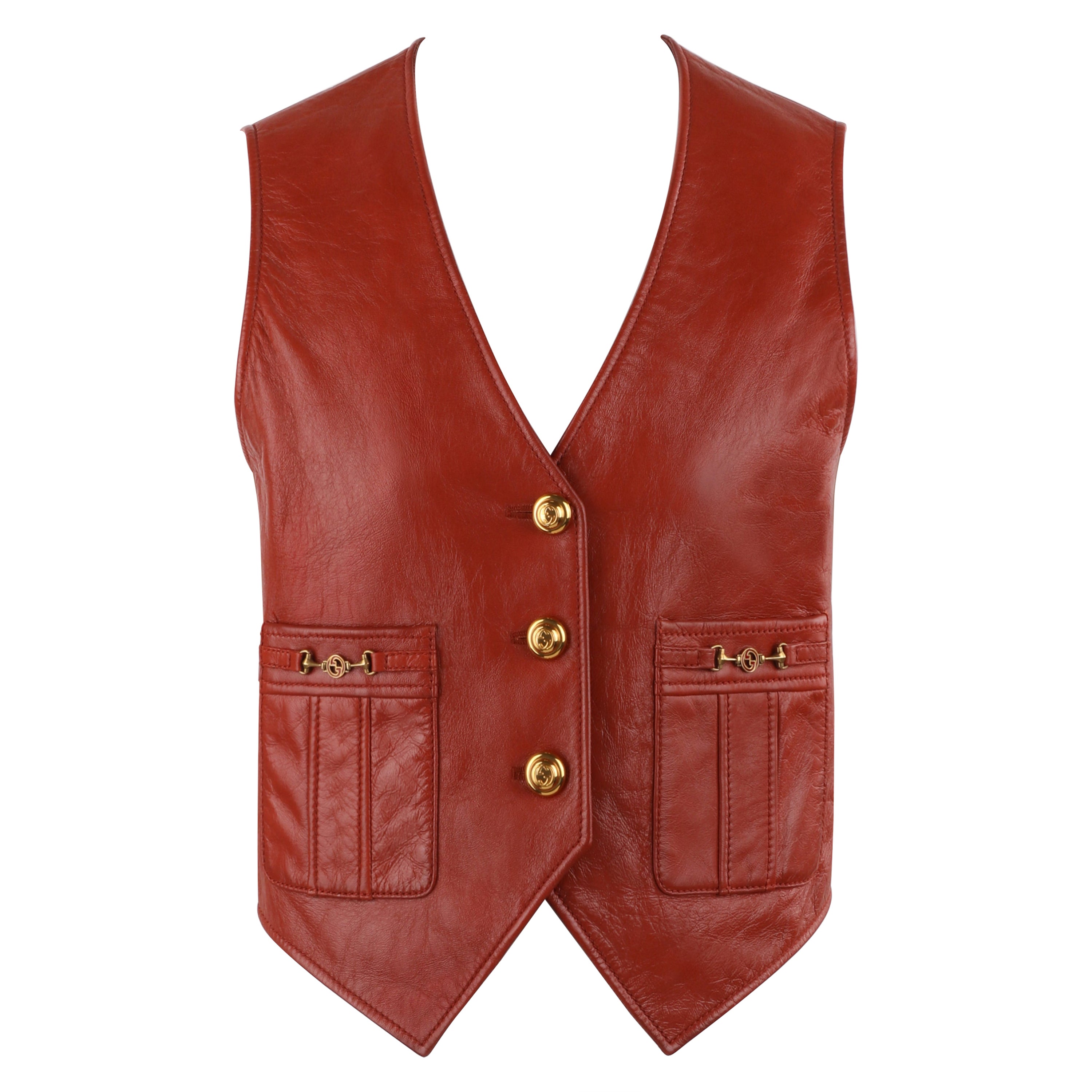 GUCCI Pre-Fall 2019 Brown Leather Gold Button Pocket Sleeveless Waistcoat Vest For Sale
