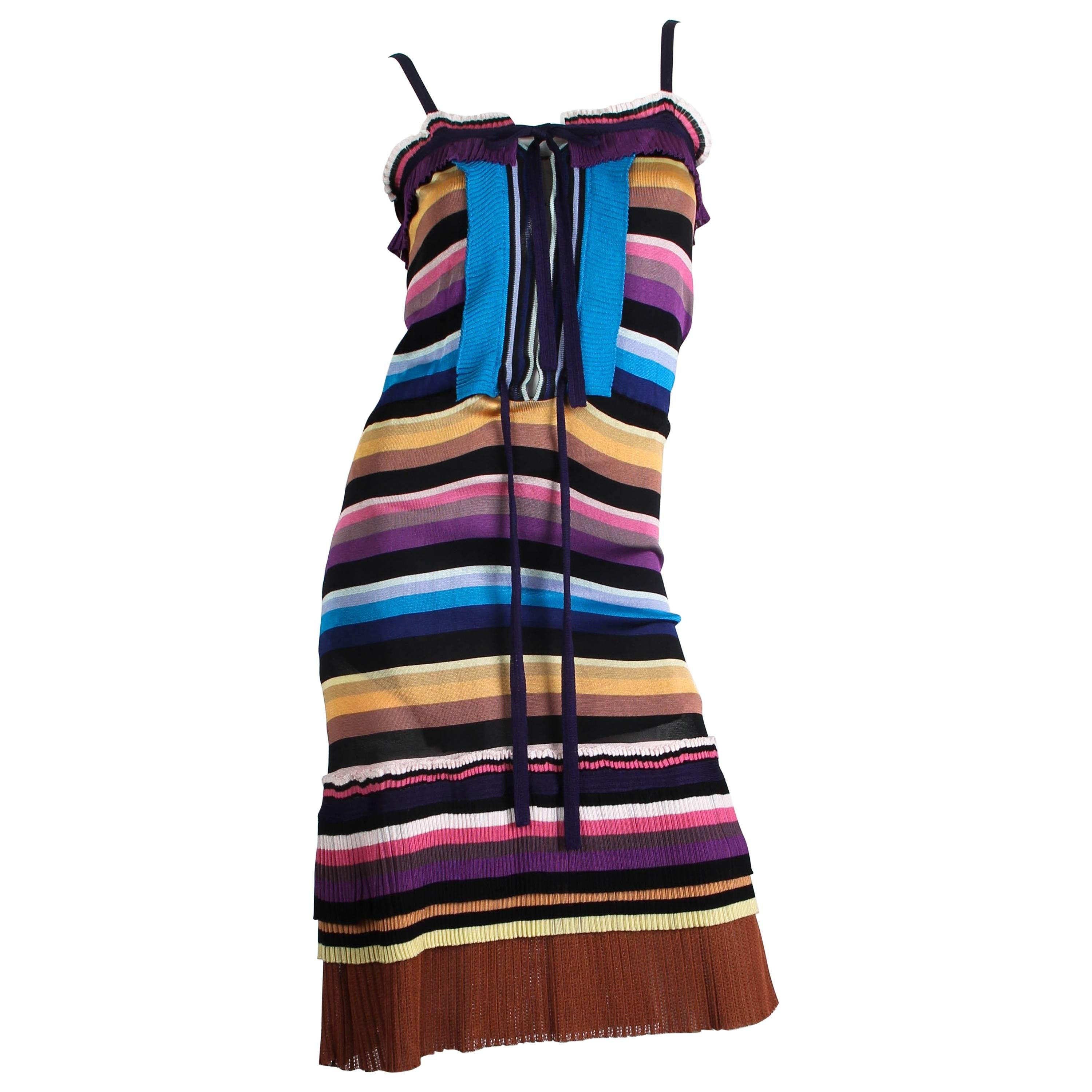 2000S MISSONI Purple & Blue Rayon Knit Stripe Drawstring Waist Dress With Pleat