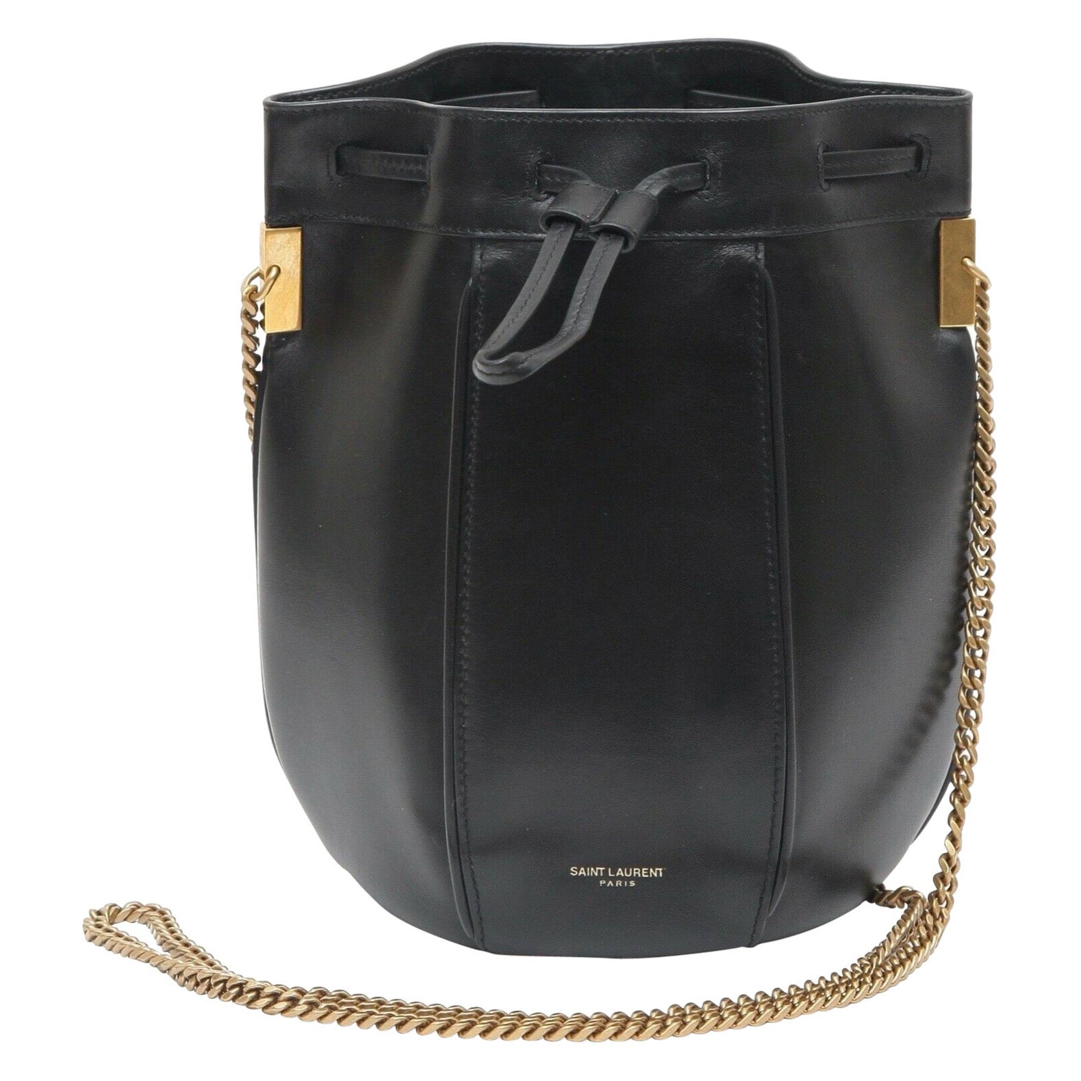 SAINT LAURENT Bag Black Leather Bucket Small TALITHA Shoulder Gold Drawstring