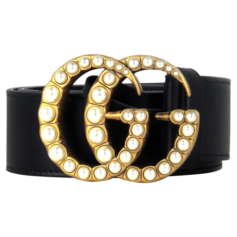 Gucci NWT 1.5" Black Leather Belt w. Pearl Double G Logo Buckle sz 85/34"  For Sale at 1stDibs
