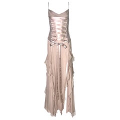 UNWORN Versace 2003 Nude Silk Georgette Lace Up Gown Dress 40 seen on Bella
