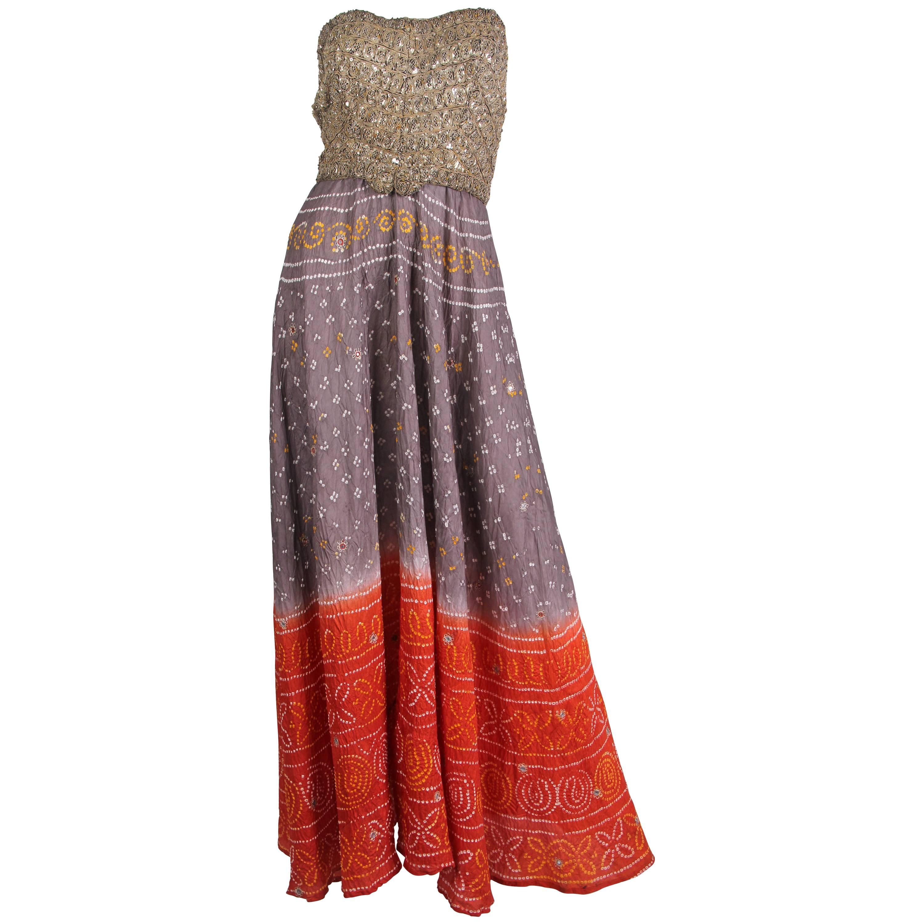 MORPHEW COLLECTION Hand Dyed Shibori Silk & Metalilc Gold Indian Embroidered St For Sale