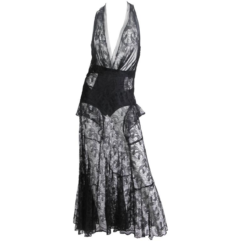 1930s Sheer Black Silk Lace Gown with Mushroom Lace at 1stDibs