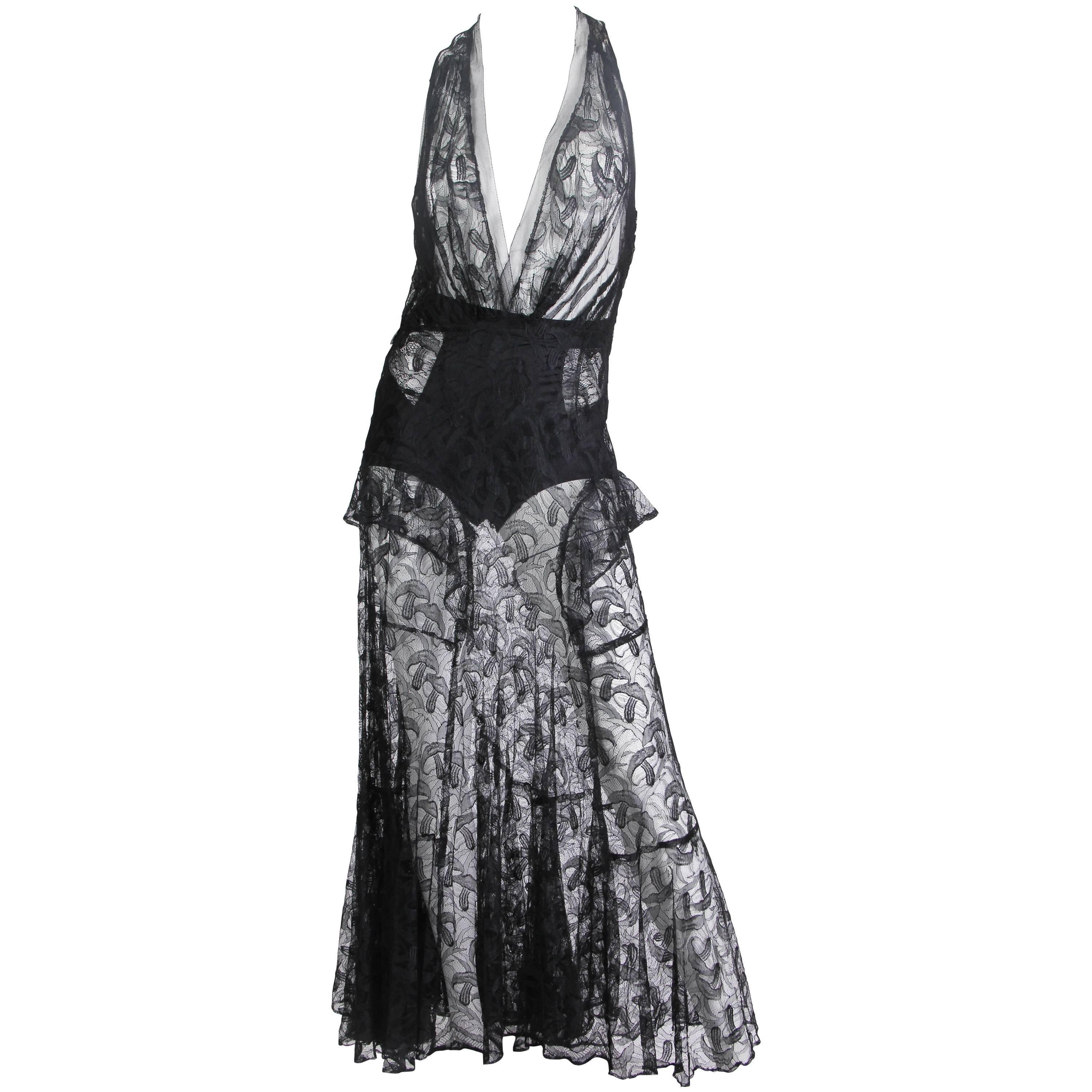 1930s Sheer Black Silk Lace Gown with Mushroom Lace