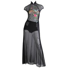 1990s Sheer Net Dress with Chinese Embroidery 1990s Sheer Net Dress with Chinese Embroidery