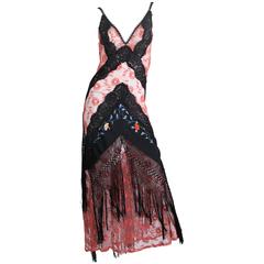 Vintage 1930s Bias Cut Silk Net Lace Dress Re-Built with Chinese Embroidery and Fringe