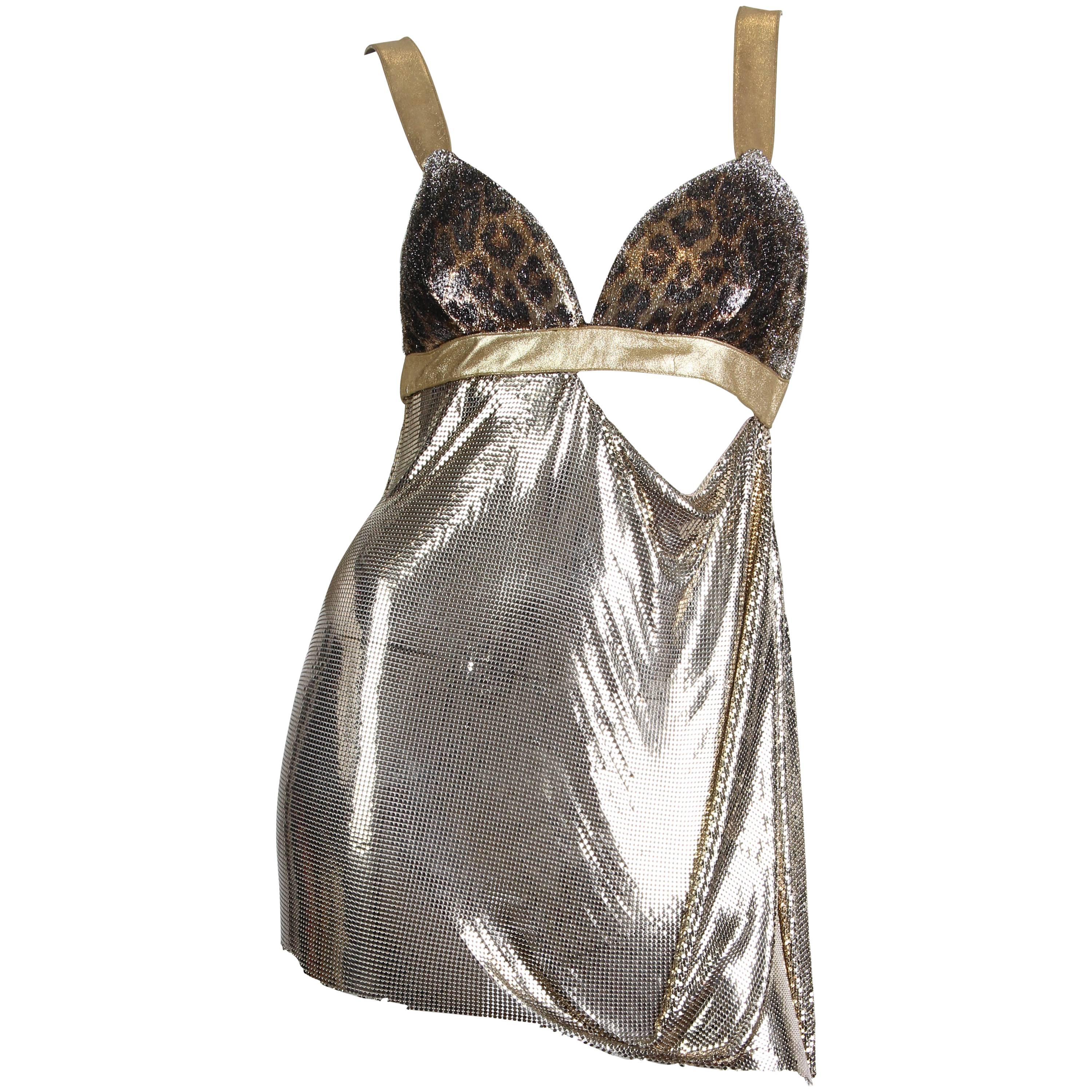 1990s Gianni Versace Gold Metal Mesh and Leopard Ad Campaign dress