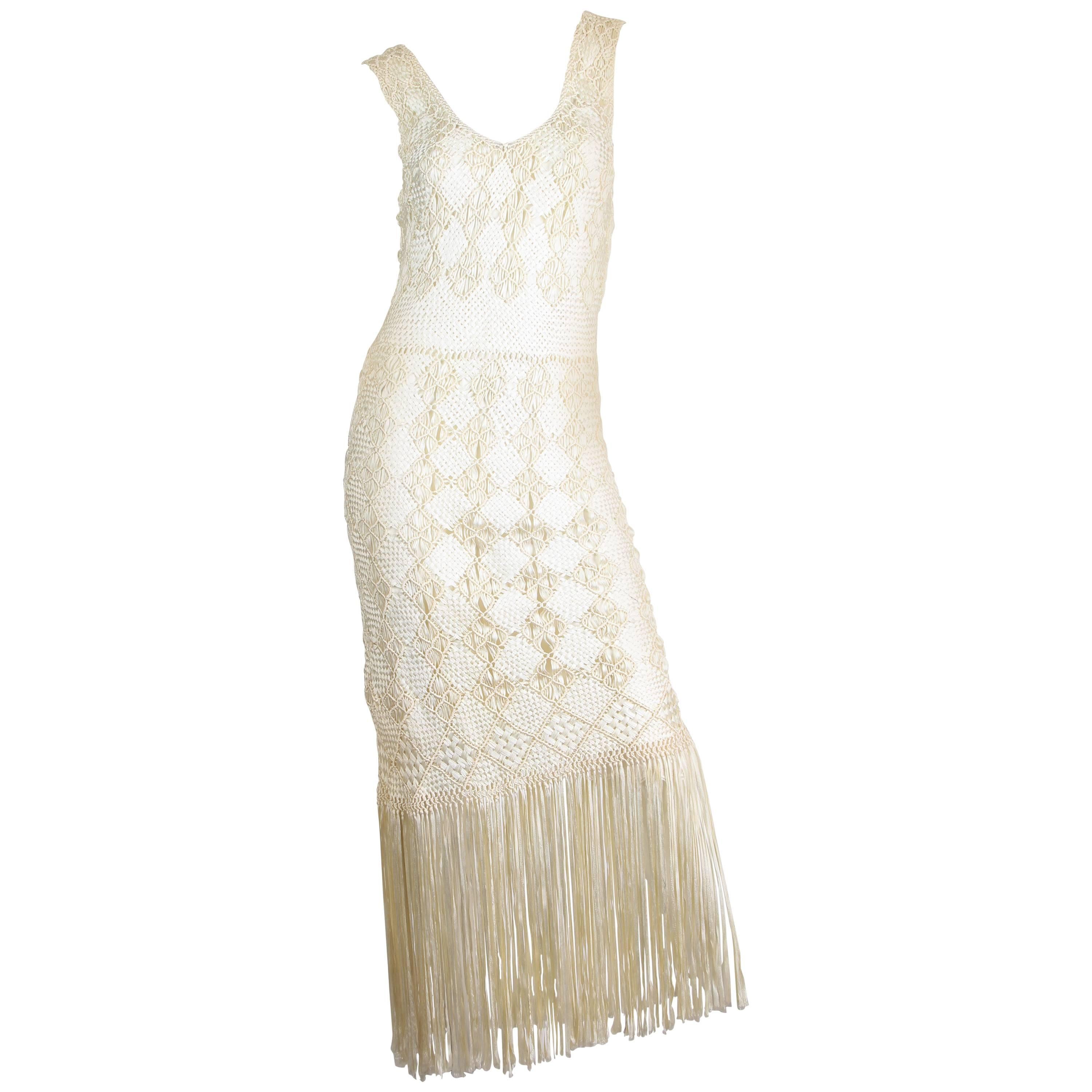 1970s Hand Knotted Ribbon Crochet Dress with Fringed Hem