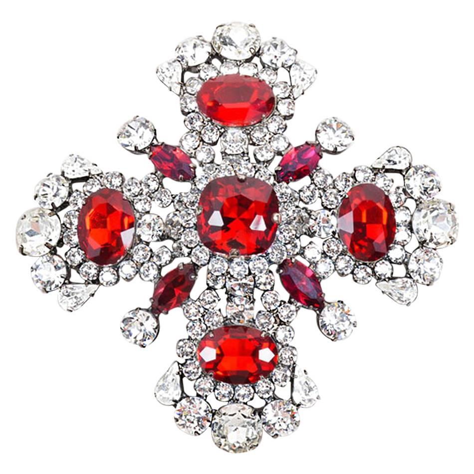 Thorin & Co. Silver Tone Clear Red Bejeweled Oversized Maltese Cross Brooch Pin For Sale