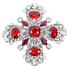 Thorin & Co. Silver Tone Clear Red Bejeweled Oversized Maltese Cross Brooch Pin