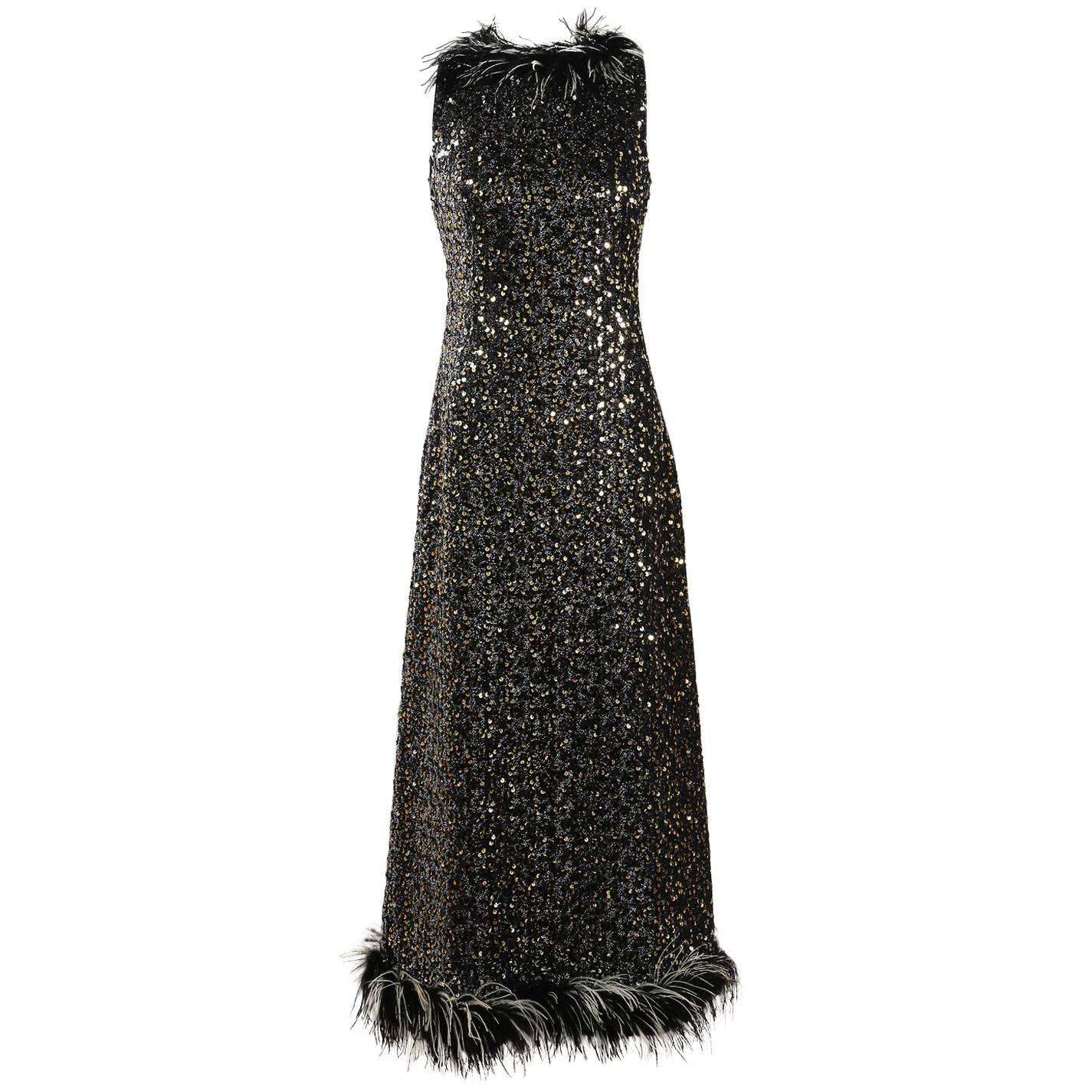 Vintage Jack Bryan Black Silver Metallic Sequin Feather Sleeveless Gown SZ 10 For Sale