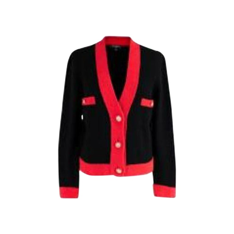 Navy Cashmere Cardigan With Contrasting Red Trim