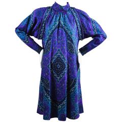 Vintage Pauline Trigere Purple Multicolor Paisley Print Turtleneck Dress