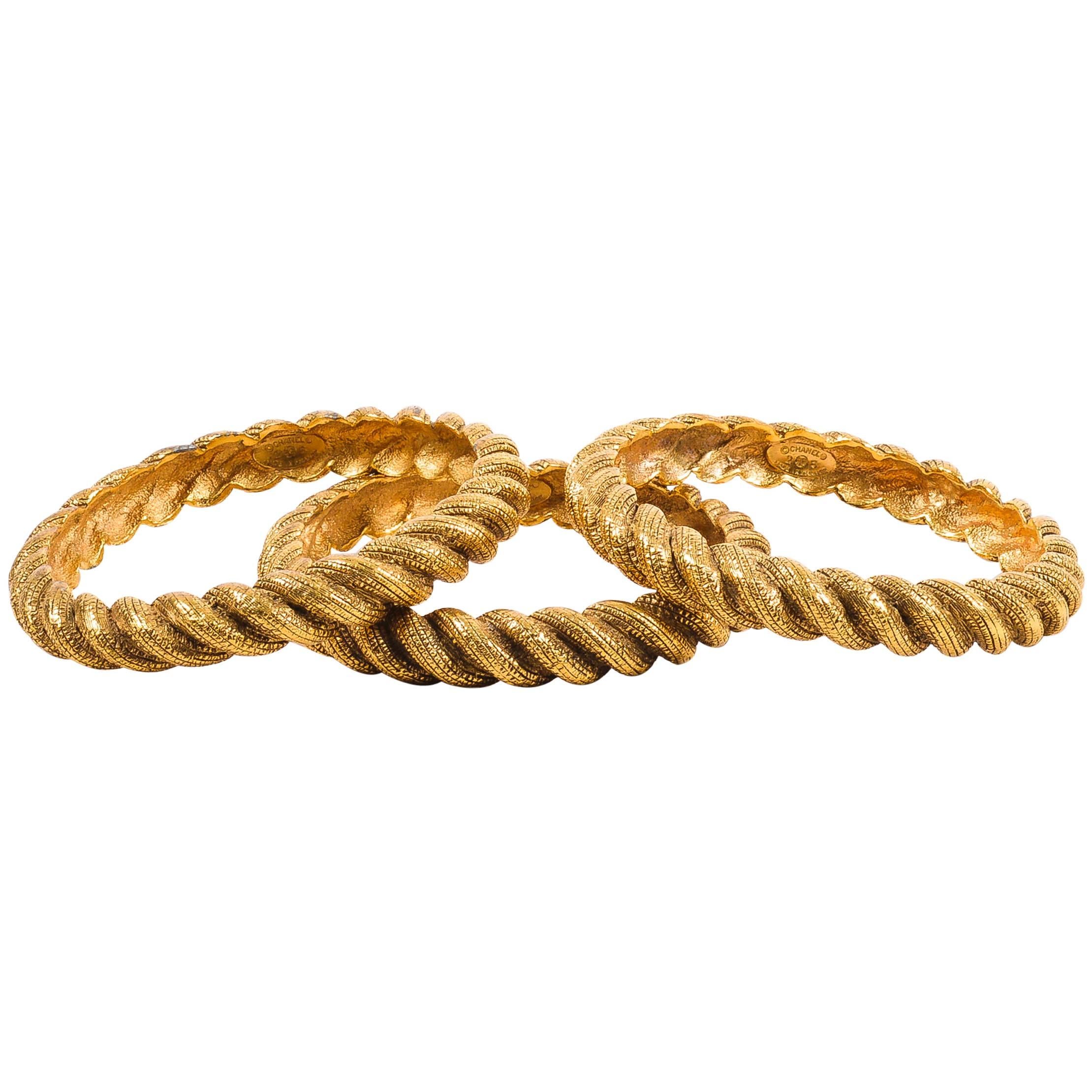 Vintage Chanel Gold Tone Textured Etched Rope Set of 3 Bangle Bracelets For Sale