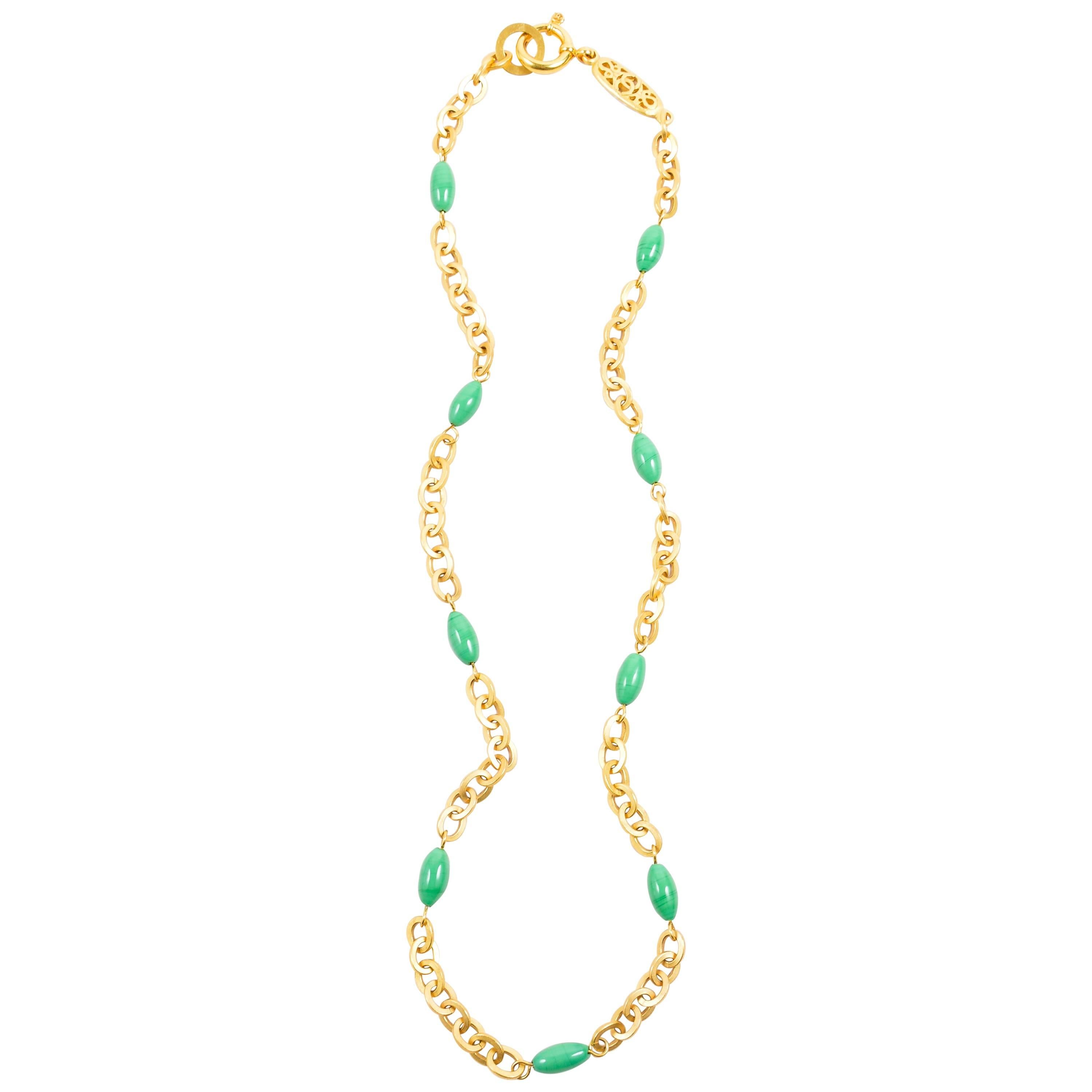 Vintage Chanel Gold Tone Green Chain Link Beaded Long Necklace For Sale