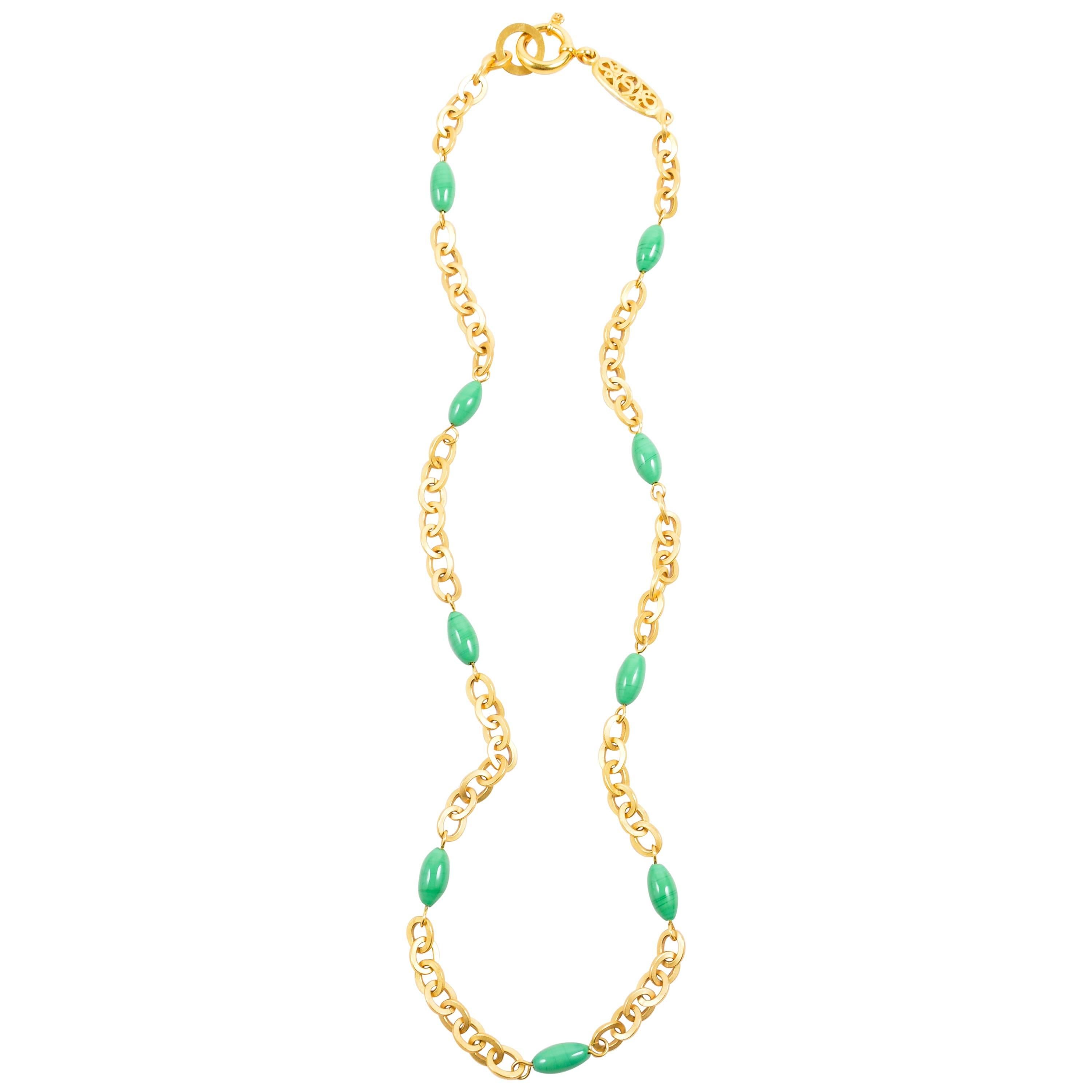 Vintage Chanel Gold Tone Green Chain Link Beaded Long Necklace For Sale