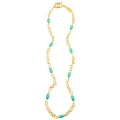 Vintage Chanel Gold Tone Green Chain Link Beaded Long Necklace