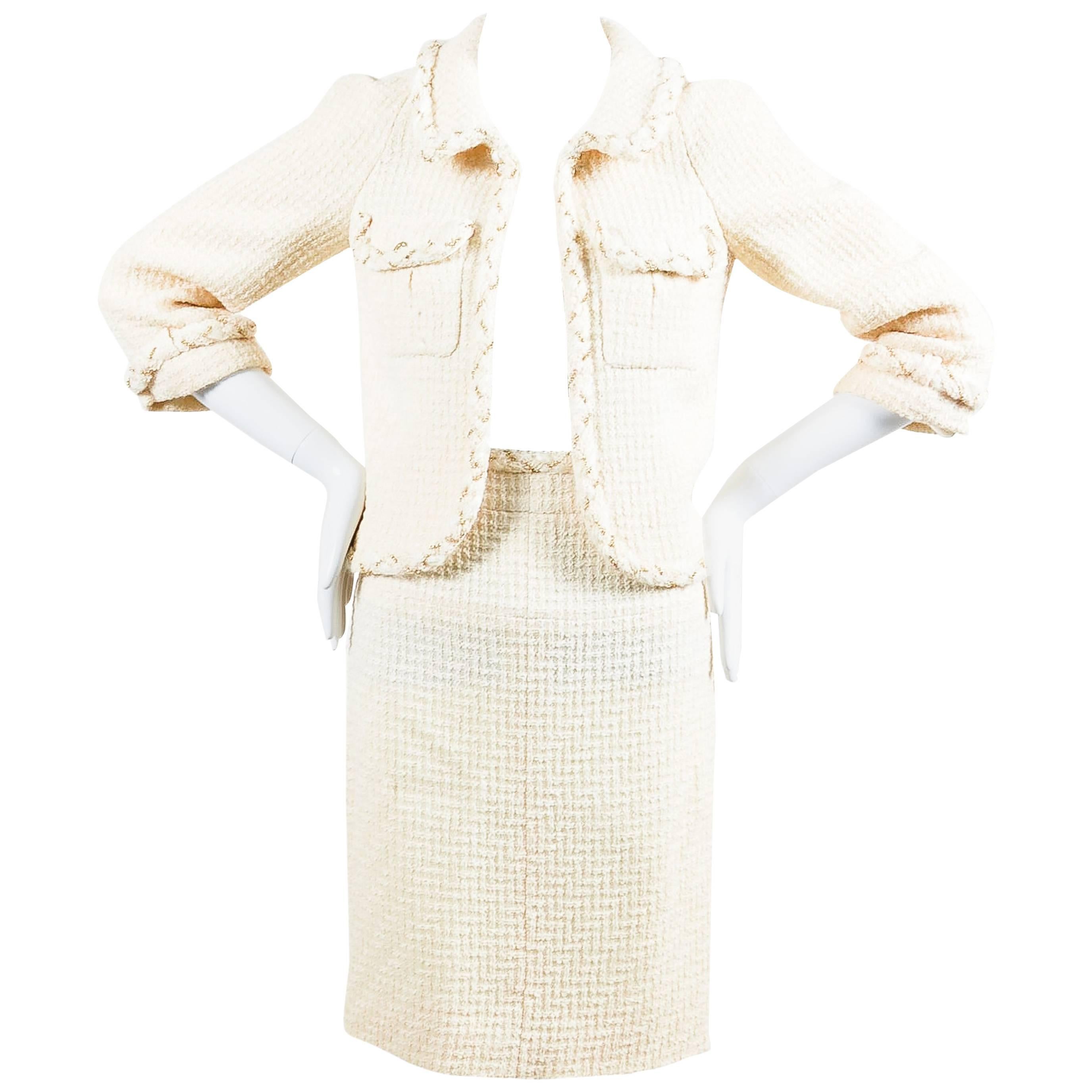 Chanel 07A Cream Tweed Gold Tone Chain Trim Tweed Jacket Skirt Set SZ 36 For Sale