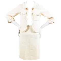 Chanel 07A Cream Tweed Gold Tone Chain Trim Tweed Jacket Skirt Set SZ 36