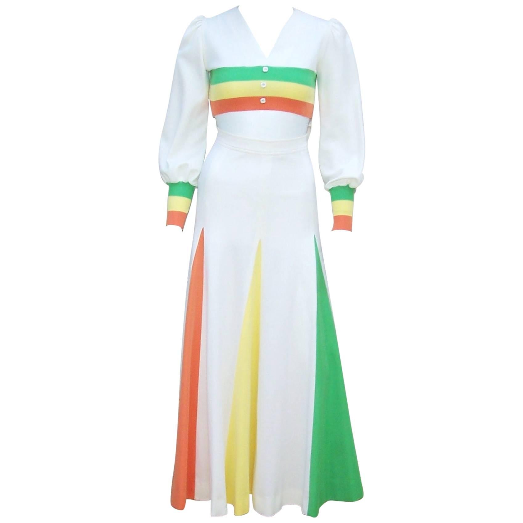 Colorful 1970s 2-Piece Midriff Baring Maxi Skirt & Crop Top 