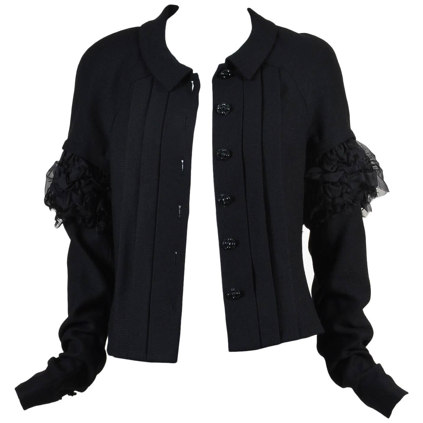 Chanel 07C Black Woven Wool Ruched Silk Chiffon Long Sleeve Blazer Jacket SZ 42 For Sale