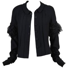 Chanel 07C Black Woven Wool Ruched Silk Chiffon Long Sleeve Blazer Jacket SZ 42